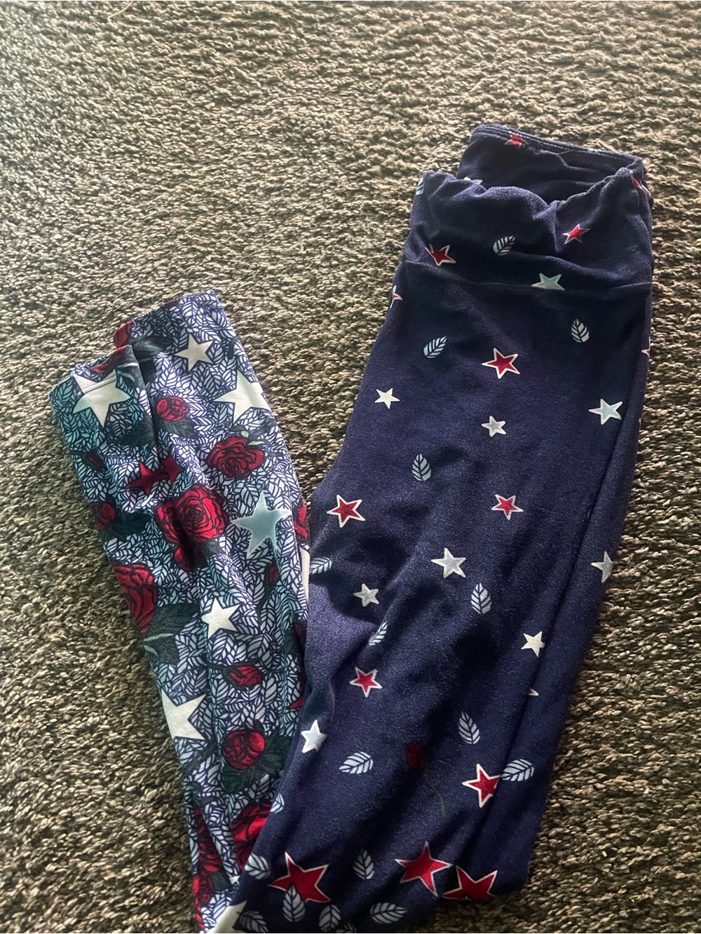 LuLaRoe Navy Leggings with Red Rose & Star Panels